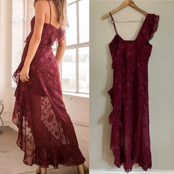 forever be burgundy floral jacquard ruffled maxi dress Leonie Floral Lace Maxi Dress